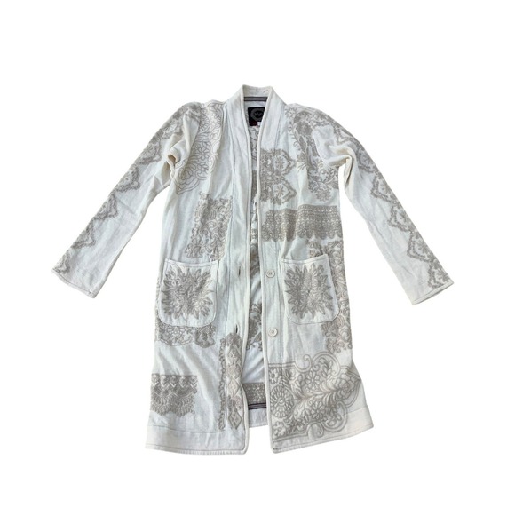 Johnny Was Sweaters - Johnny Was Biya Ivory Embroidered Cotton Knit Long Cardigan Duster Womens Small